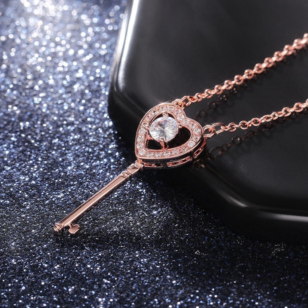 🔥 Key Hollow Heart Zircon Micro Pave Rose Gold Plated Necklace, EVGG1101